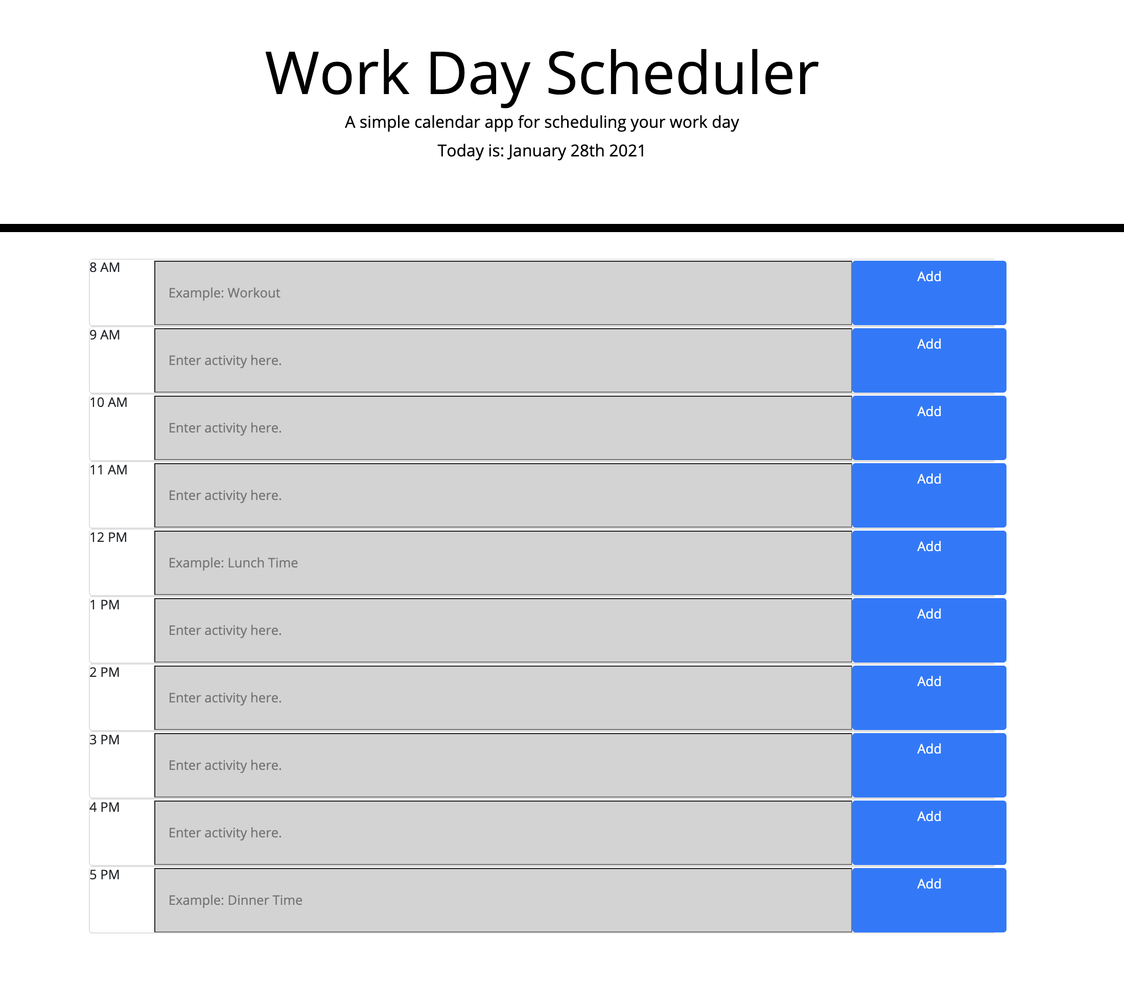 Screenshot of work planner