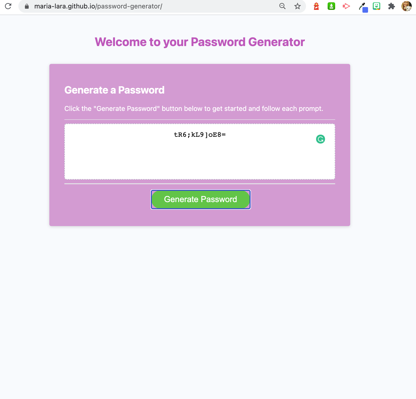 Screenshot of password generator