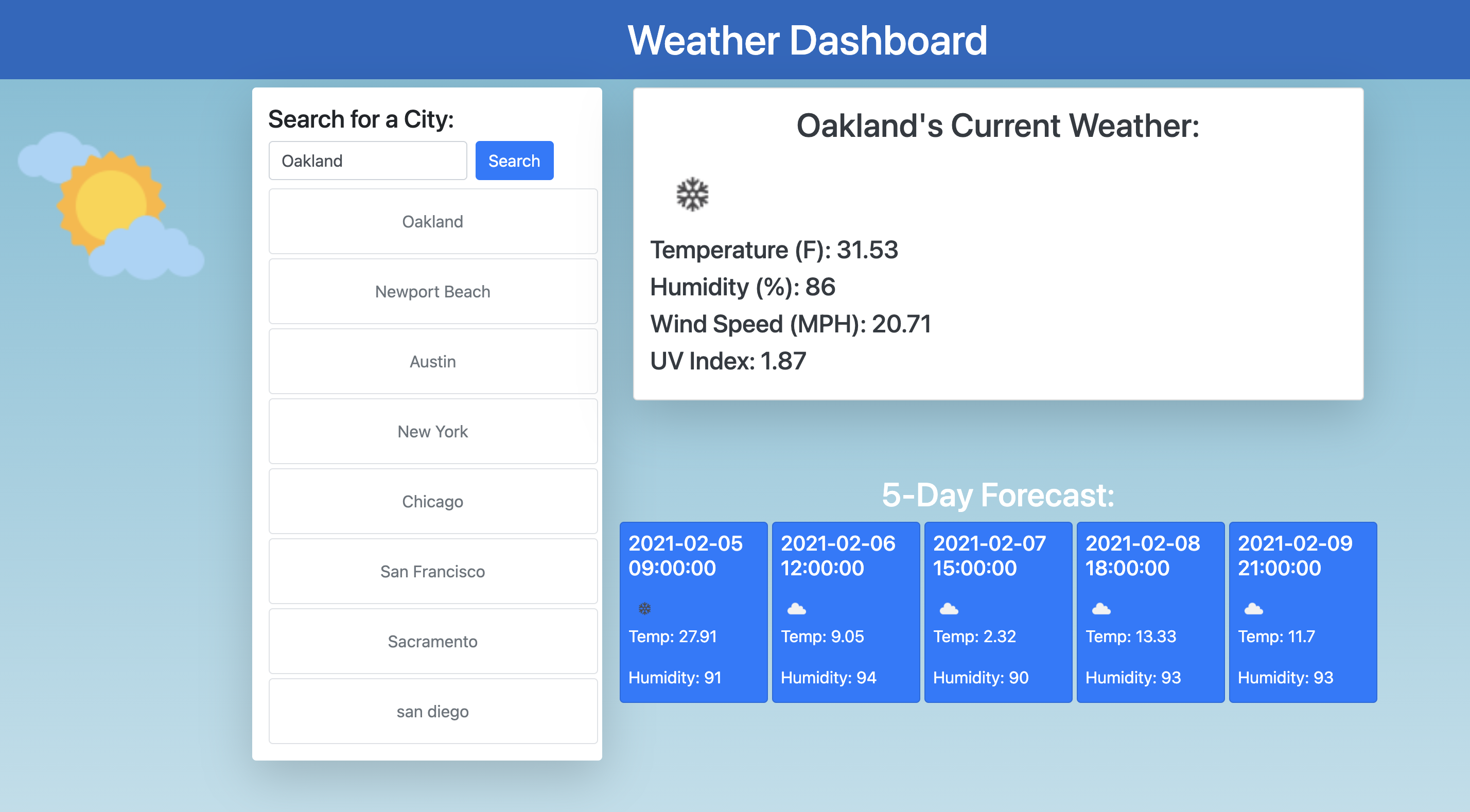 Screenshot of weather dashboard